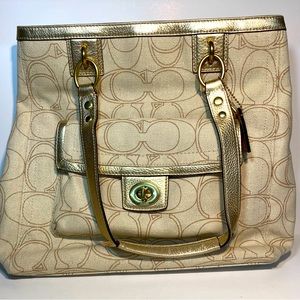Coach Penelope Signature Linen Shoulder Bag F19266 Khaki/ Metallic Gold